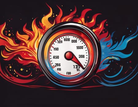 A speedometer shrouded in flames. High quality illustration