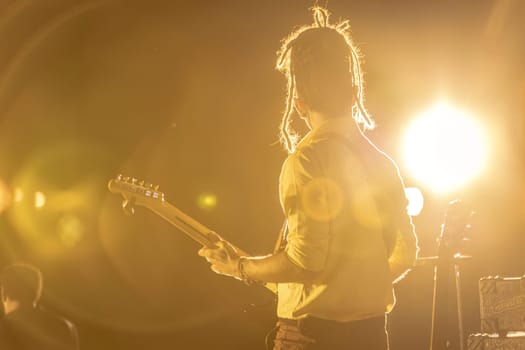 A guitarist seen from behind, playing in a foggy, atmospheric night concert setting.