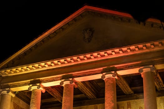 Intricate architectural details of the historic Villa Badoer in Fratta Polesine at night