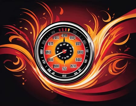 A speedometer shrouded in flames. High quality illustration