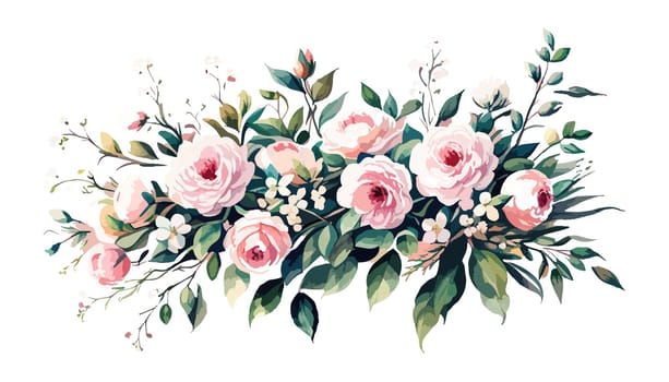 Floral bouquet, watercolor illustration. Pink roses flowers arrangement. Botanical painting on a white isolated background.