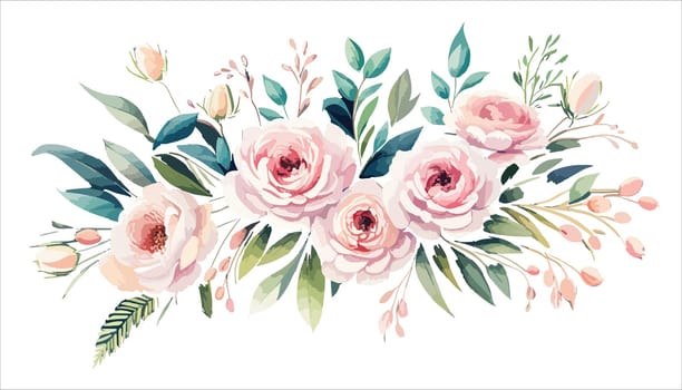 Flowers. Bouquet of pink roses and peony. Drawn flowers on an isolated white background. illustration