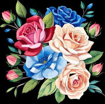 Vintage card with roses red blue and pink on a white background. Can be used as invitation card for wedding, birth, other invents, as print on clothes. illustration