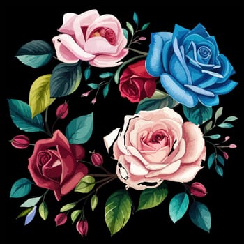 Floral bouquet, illustration. Red, white, and blue flowers roses arrangement. Botanical painting. Isolated on white background