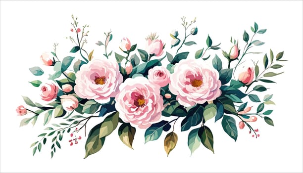 Floral bouquet, watercolor illustration. Pink roses flowers arrangement. Botanical painting on a white isolated background.