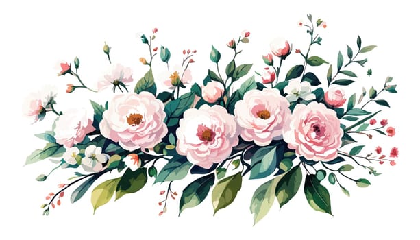 Flowers. Bouquet of pink roses and peony. Drawn flowers on an isolated white background. illustration