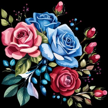 Floral bouquet, illustration. Red, white, and blue flowers roses arrangement. Botanical painting. Isolated on white background