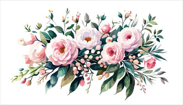 Flowers. Bouquet of pink roses and peony. Drawn flowers on an isolated white background. illustration