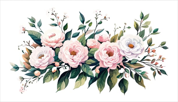 Floral bouquet, watercolor illustration. Pink roses flowers arrangement. Botanical painting on a white isolated background.