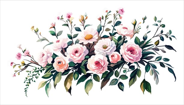 Floral bouquet, watercolor illustration. Pink roses flowers arrangement. Botanical painting on a white isolated background.