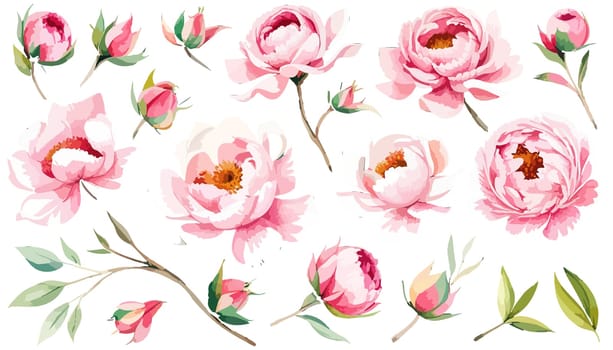 Large pink peonies set. Drawn botanical illustration. Realistic isolated objects on white background for your design