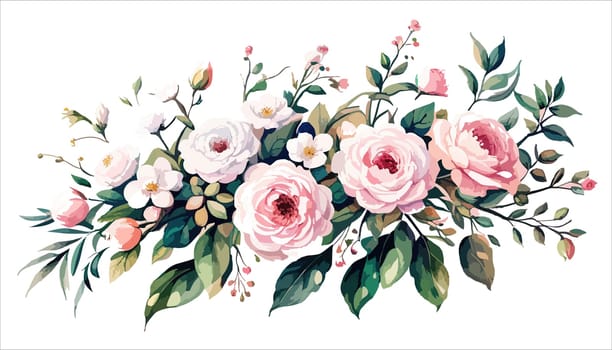 Watercolor floral bouquet composition with pink roses and green leaves on white background, illustration for your use