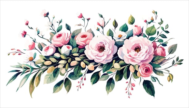 Watercolor floral bouquet composition with pink roses and green leaves on white background, illustration for your use