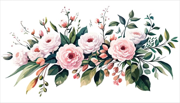 Watercolor flowers pink roses. Floral illustration. Bouquet flowers pink rose. Design arrangements for textile, greeting card. Abstraction branch of flowers isolated on white background.