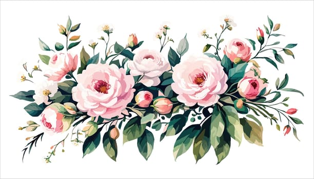 Floral bouquet, watercolor illustration. Pink roses flowers arrangement. Botanical painting on a white isolated background.