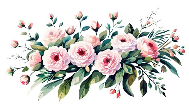 Watercolor floral bouquet composition with pink roses and green leaves on white background, illustration for your use