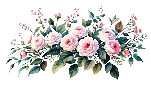 Watercolor floral bouquet composition with pink roses and green leaves on white background, illustration for your use