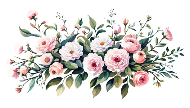Watercolor flowers pink roses. Floral illustration. Bouquet flowers pink rose. Design arrangements for textile, greeting card. Abstraction branch of flowers isolated on white background.
