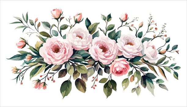 Watercolor flowers pink roses. Floral illustration. Bouquet flowers pink rose. Design arrangements for textile, greeting card. Abstraction branch of flowers isolated on white background.