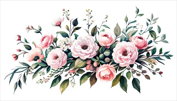 Floral bouquet, watercolor illustration. Pink roses flowers arrangement. Botanical painting on a white isolated background.