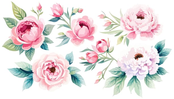 Set pink peonies watercolor flowers on an isolated white background, watercolor peony illustration, botanical painting, stock illustration.