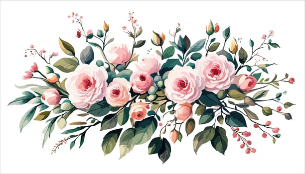 Watercolor illustration of bouquet with pink roses and buds, green leaves on a white background, illustration for postcard and congratulations design