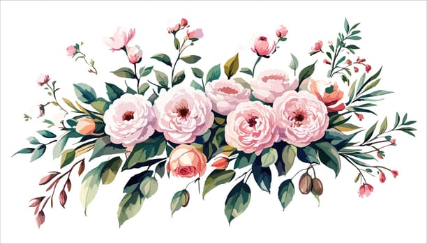 Watercolor floral bouquet composition with pink roses and green leaves on white background, illustration for your use