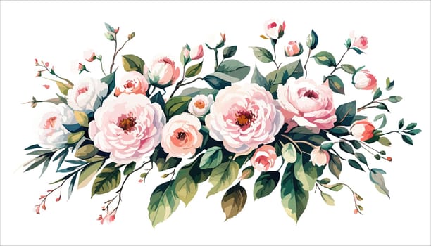 Watercolor floral bouquet composition with pink roses and green leaves on white background, illustration for your use