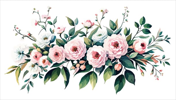 Watercolor illustration of bouquet with pink roses and buds, green leaves on a white background, illustration for postcard and congratulations design