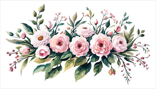 Watercolor flowers pink roses. Floral illustration. Bouquet flowers pink rose. Design arrangements for textile, greeting card. Abstraction branch of flowers isolated on white background.