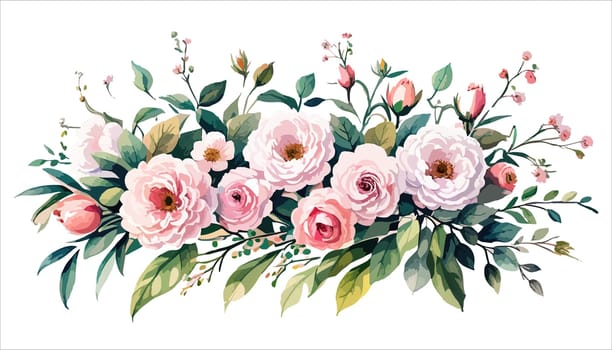 Watercolor floral bouquet composition with pink roses and green leaves on white background, illustration for your use