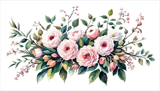 illustration blooming pink roses flowers for your design. Wedding romantic elegant date marriage symbol. Rose and green leaves, bouquet for your template, design of invitation card.