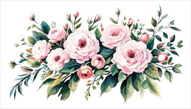 illustration blooming pink roses flowers for your design. Wedding romantic elegant date marriage symbol. Rose and green leaves, bouquet for your template, design of invitation card.