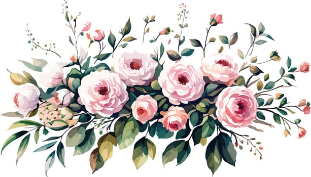Pink rose hydrangea, ranunculus, illustration design bouquet. Wedding seasonal flowers. Floral border composition. On gradient vintage background
