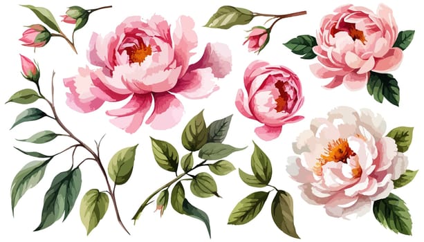 Large pink peonies set. Drawn botanical illustration. Realistic isolated objects on white background for your design