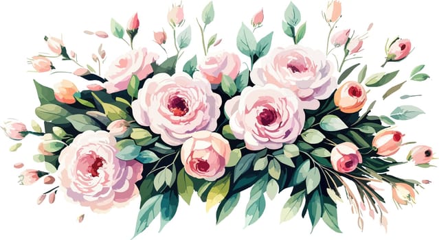 illustration blooming pink roses flowers for your design. Wedding romantic elegant date marriage symbol. Rose and green leaves, bouquet for your template, design of invitation card.