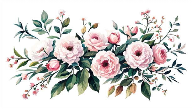 Watercolor illustration of bouquet with pink roses and buds, green leaves on a white background, illustration for postcard and congratulations design