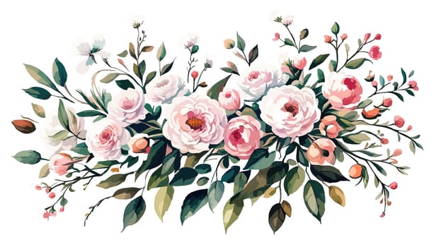 Watercolor floral bouquet composition with pink roses and green leaves on white background, illustration for your use