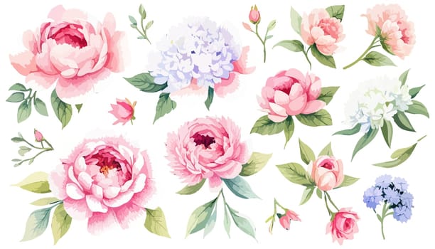 Watercolor flower illustration, pink peony on a white background. Set Peonies flowers illustration