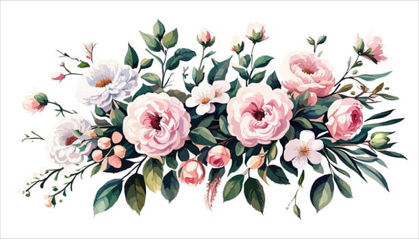 illustration blooming pink roses flowers for your design. Wedding romantic elegant date marriage symbol. Rose and green leaves, bouquet for your template, design of invitation card.