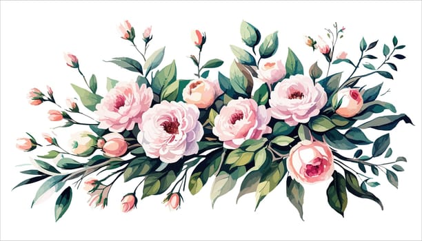 Watercolor floral bouquet composition with pink roses and green leaves on white background, illustration for your use