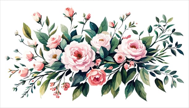 illustration blooming pink roses flowers for your design. Wedding romantic elegant date marriage symbol. Rose and green leaves, bouquet for your template, design of invitation card.