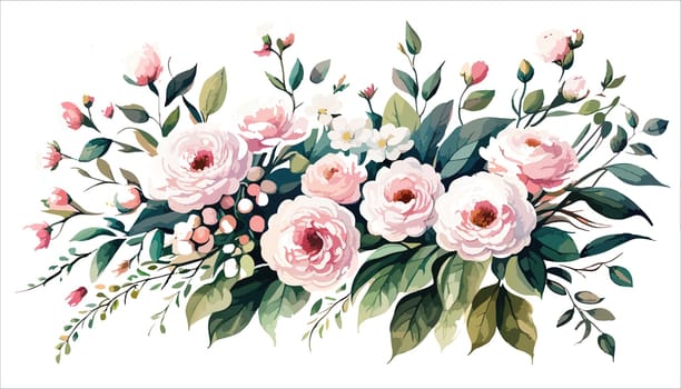 Flowers. Bouquet of pink roses and peony. Drawn flowers on an isolated white background. illustration