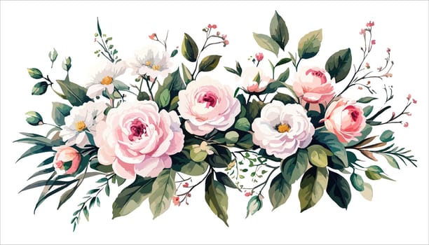 illustration blooming pink roses flowers for your design. Wedding romantic elegant date marriage symbol. Rose and green leaves, bouquet for your template, design of invitation card.