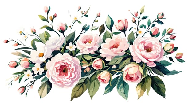 Watercolor flowers pink roses. Floral illustration. Bouquet flowers pink rose. Design arrangements for textile, greeting card. Abstraction branch of flowers isolated on white background.