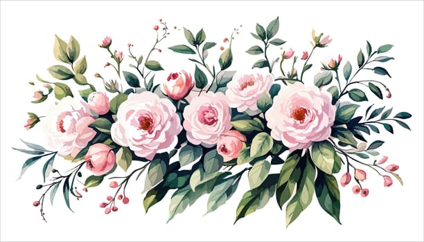 Watercolor illustration of bouquet with pink roses and buds, green leaves on a white background, illustration for postcard and congratulations design