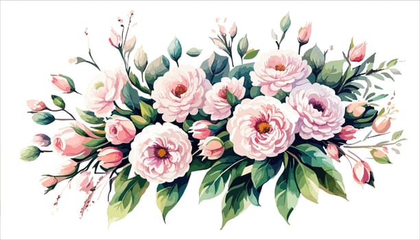 Flowers. Bouquet of pink roses and peony. Drawn flowers on an isolated white background. illustration