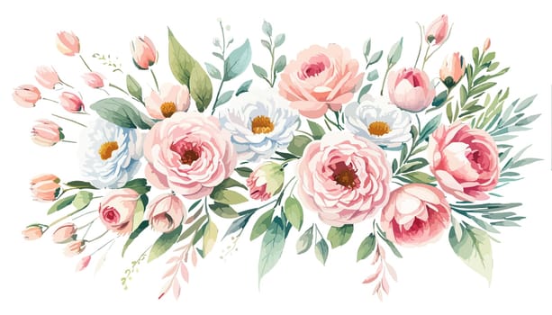 Flowers. Bouquet of pink roses and peony. Drawn flowers on an isolated white background. illustration