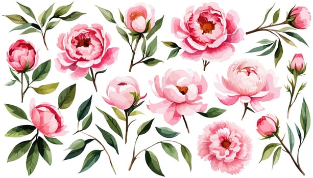 Large pink peonies set. Drawn botanical illustration. Realistic isolated objects on white background for your design