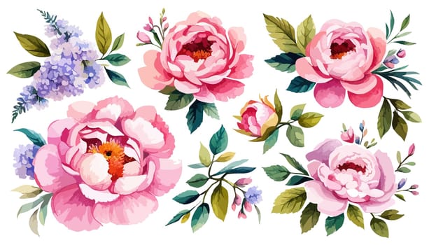 Watercolor flower illustration, pink peony on a white background. Set Peonies flowers illustration